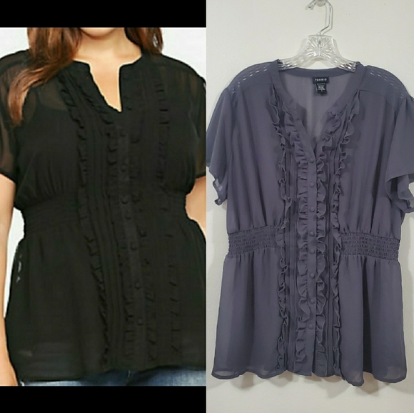 torrid Tops - Torrid Sheet Gray Ruffle Short Sleeve Blouse Sz 2X